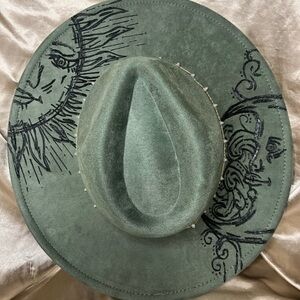 Custom green hand burned wide brim hat of the sun and moon